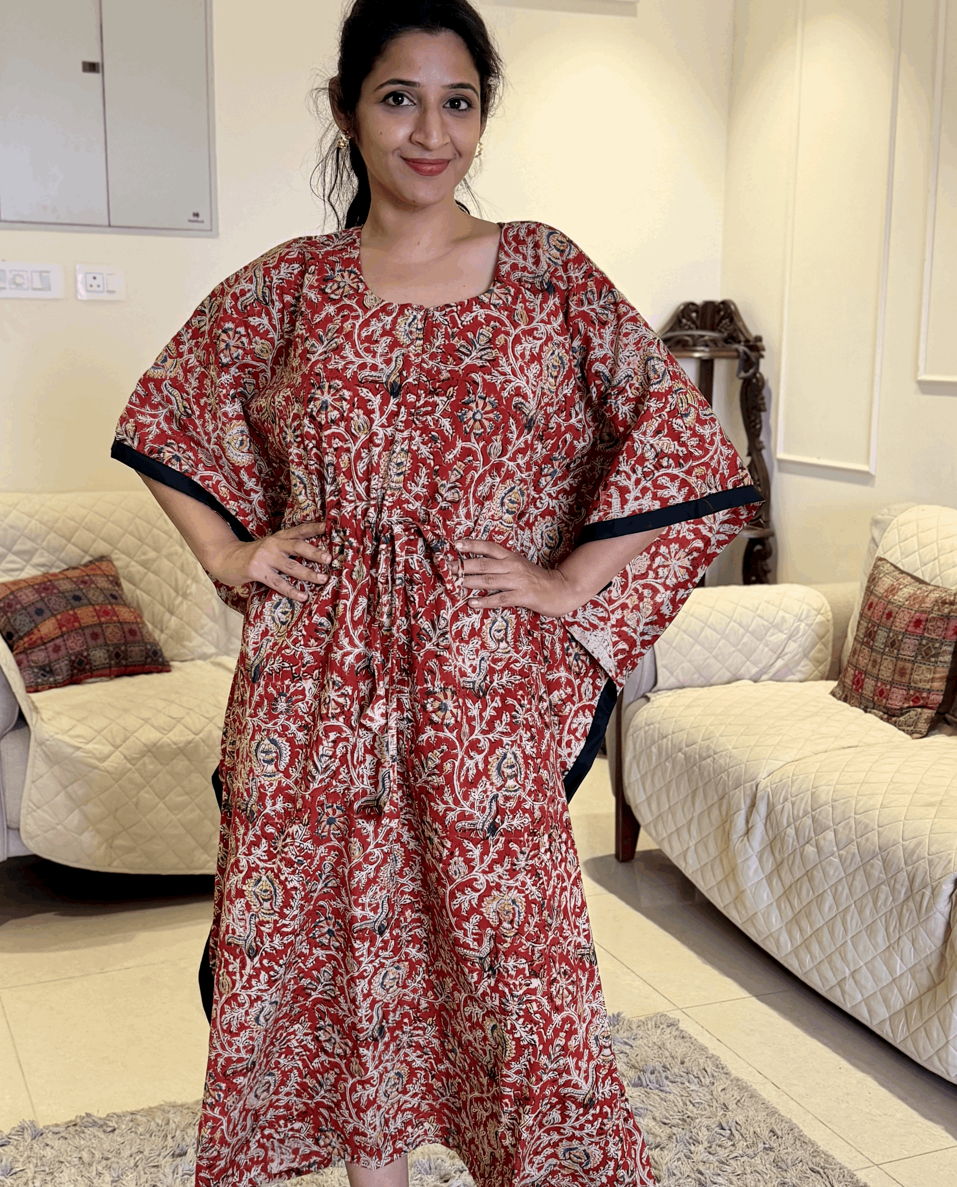 Maroon Kalamkari cotton feeding kaftan