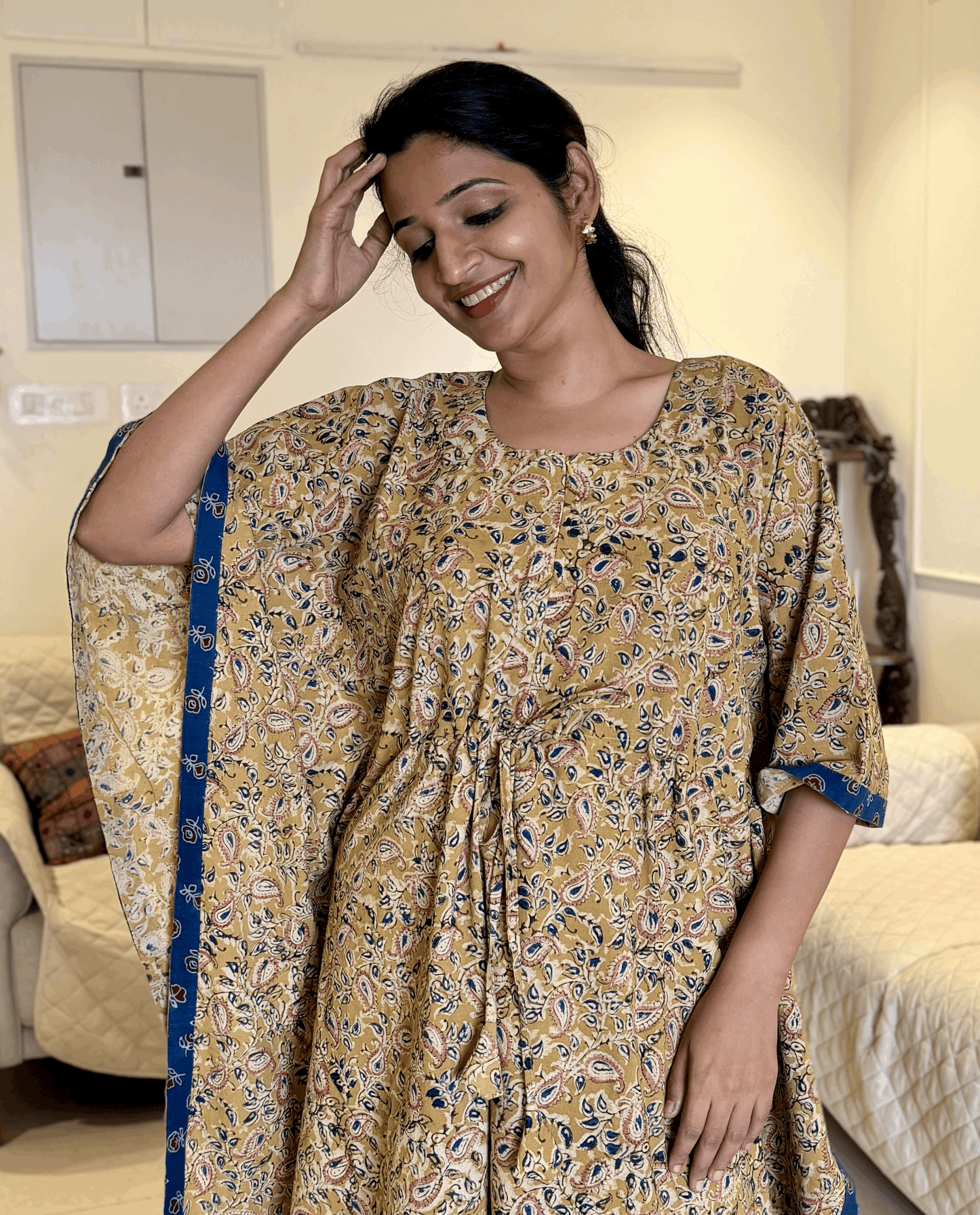 Yellow Kalamkari cotton feeding kaftan