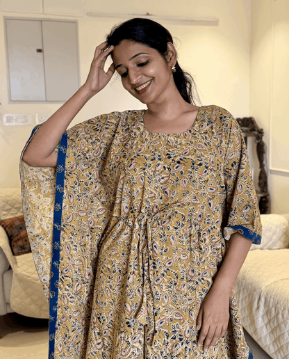Yellow Kalamkari cotton feeding kaftan