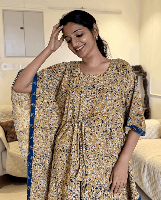 Yellow Kalamkari cotton feeding kaftan