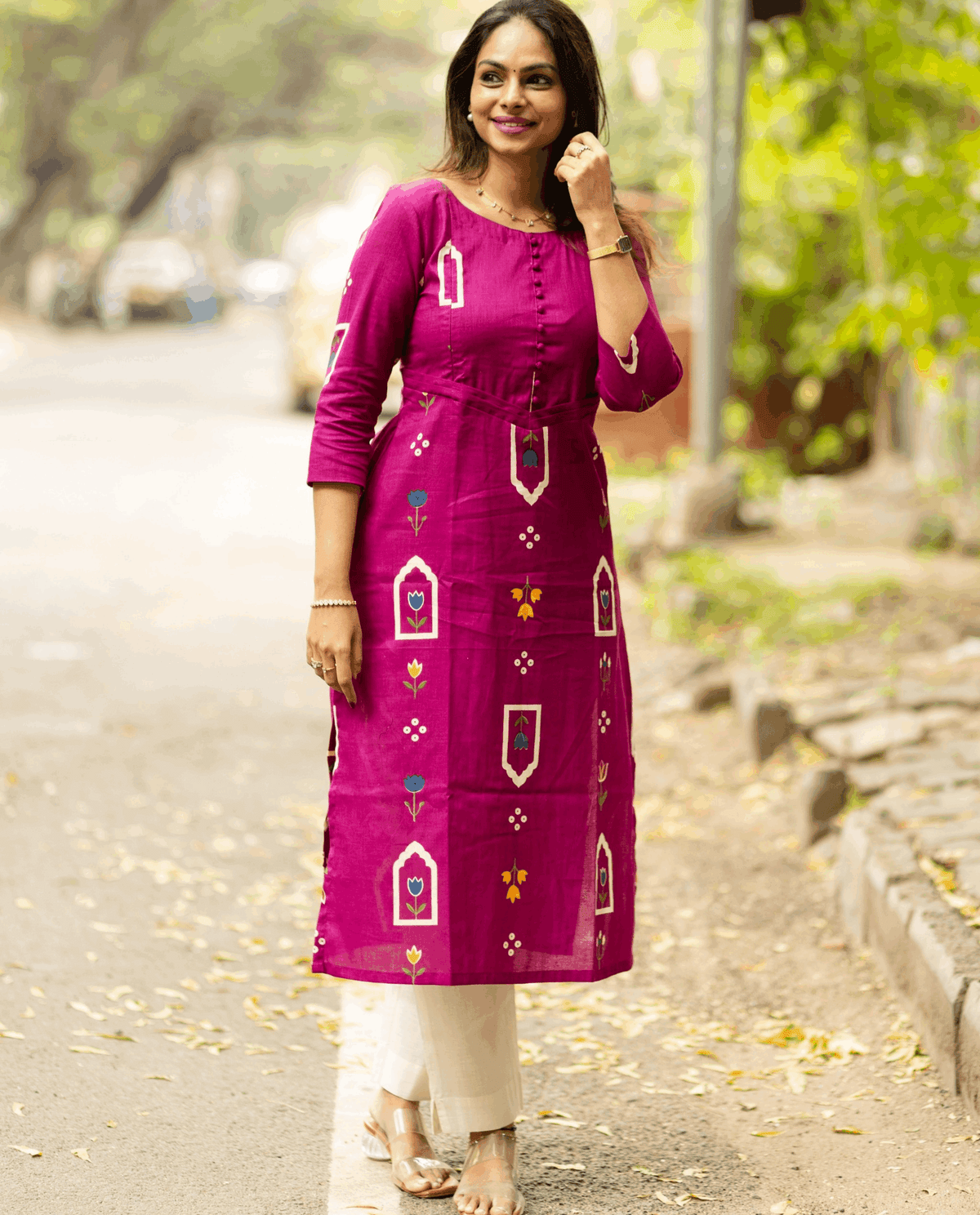 Magenta printed cotton kurti with feeding zippers