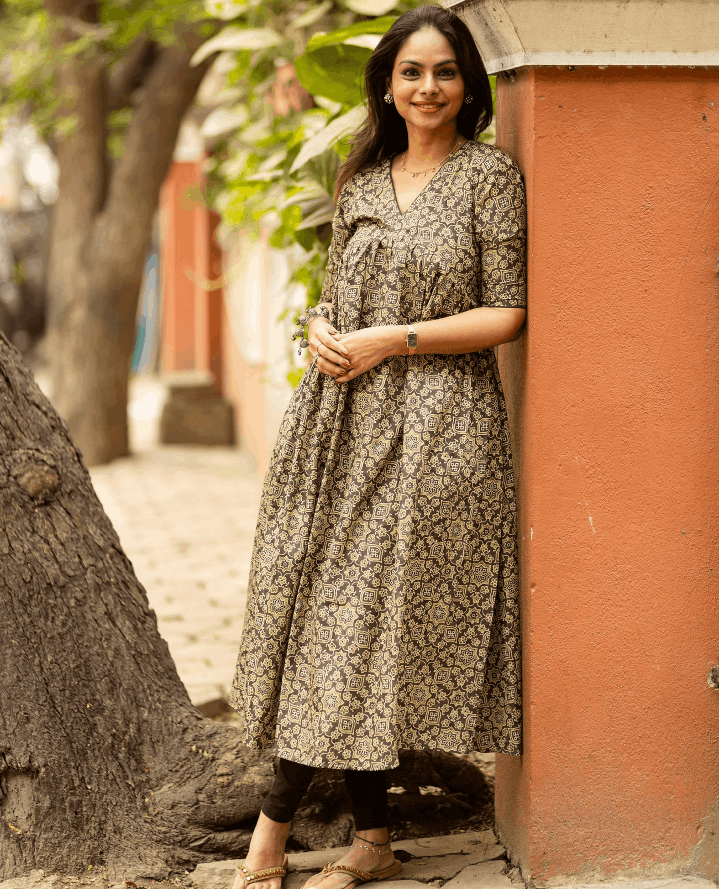 Olive green rayon feeding dress with concealed zippers