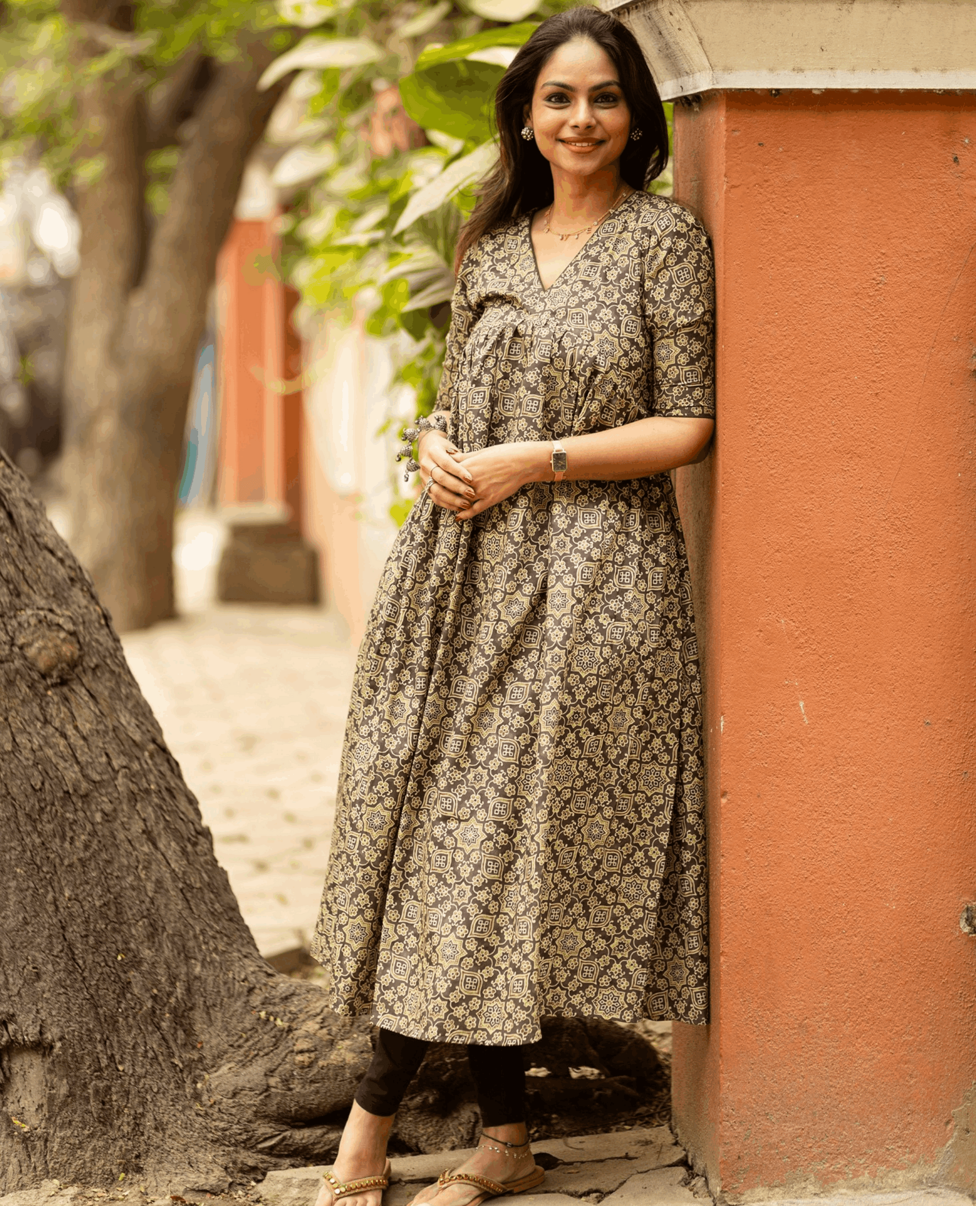 Olive green rayon feeding dress with concealed zippers