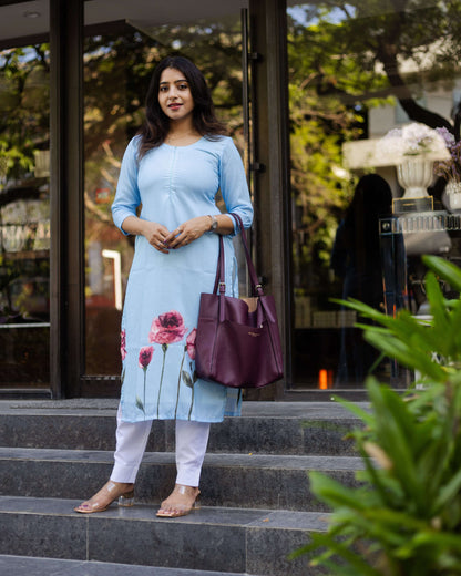 Pastel blue muslin kurti with feeding zipper
