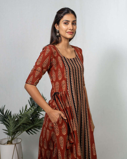 Maroon and black block print cotton kurti with gold lace and feeding zippers