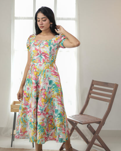 cotton maxi dress india, lightweight handloom cotton dress, sustainable cotton clothing india, eco friendly cotton dress, everyday cotton kurti, office wear cotton kurti, festive floral cotton dress, floral ikat cotton dress, pastel floral dress, elegant cotton dress for festivals, Feeding friendly , Affordable clothing, Chennai brands, Chennai clothing brands