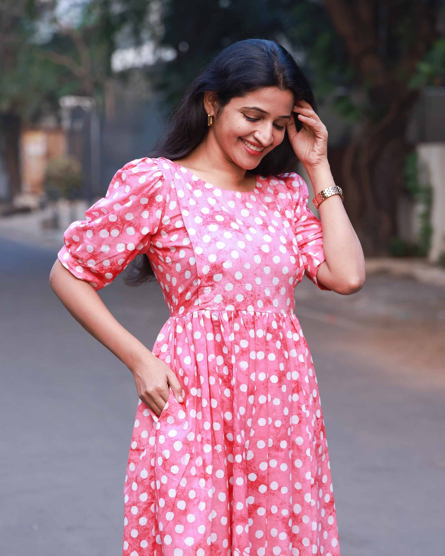 Kanmani- Pink Polka dress - Feeding