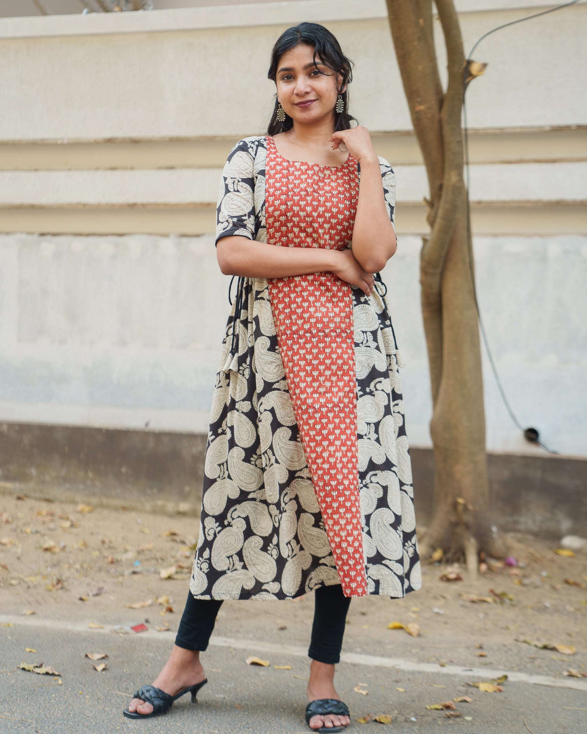 Maroon block print cotton kurti with feeding zippers