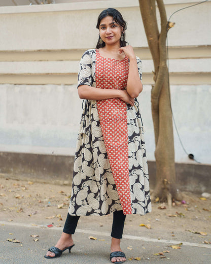 Maroon block print cotton kurti with feeding zippers