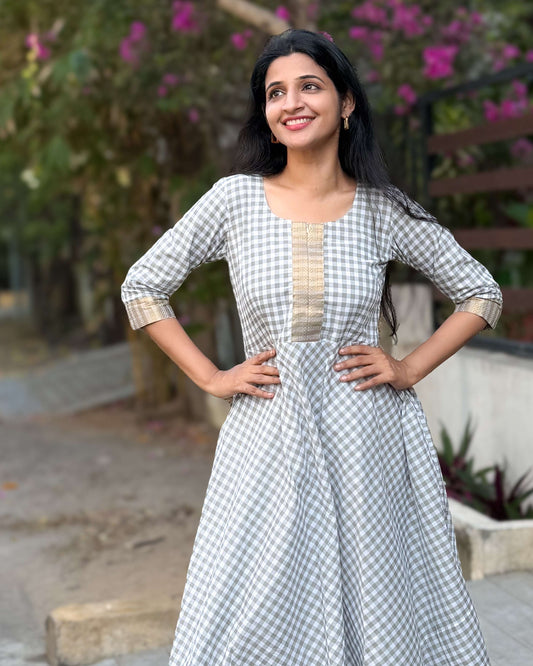 Grey and white Chettinad cotton dress with feeding zipper