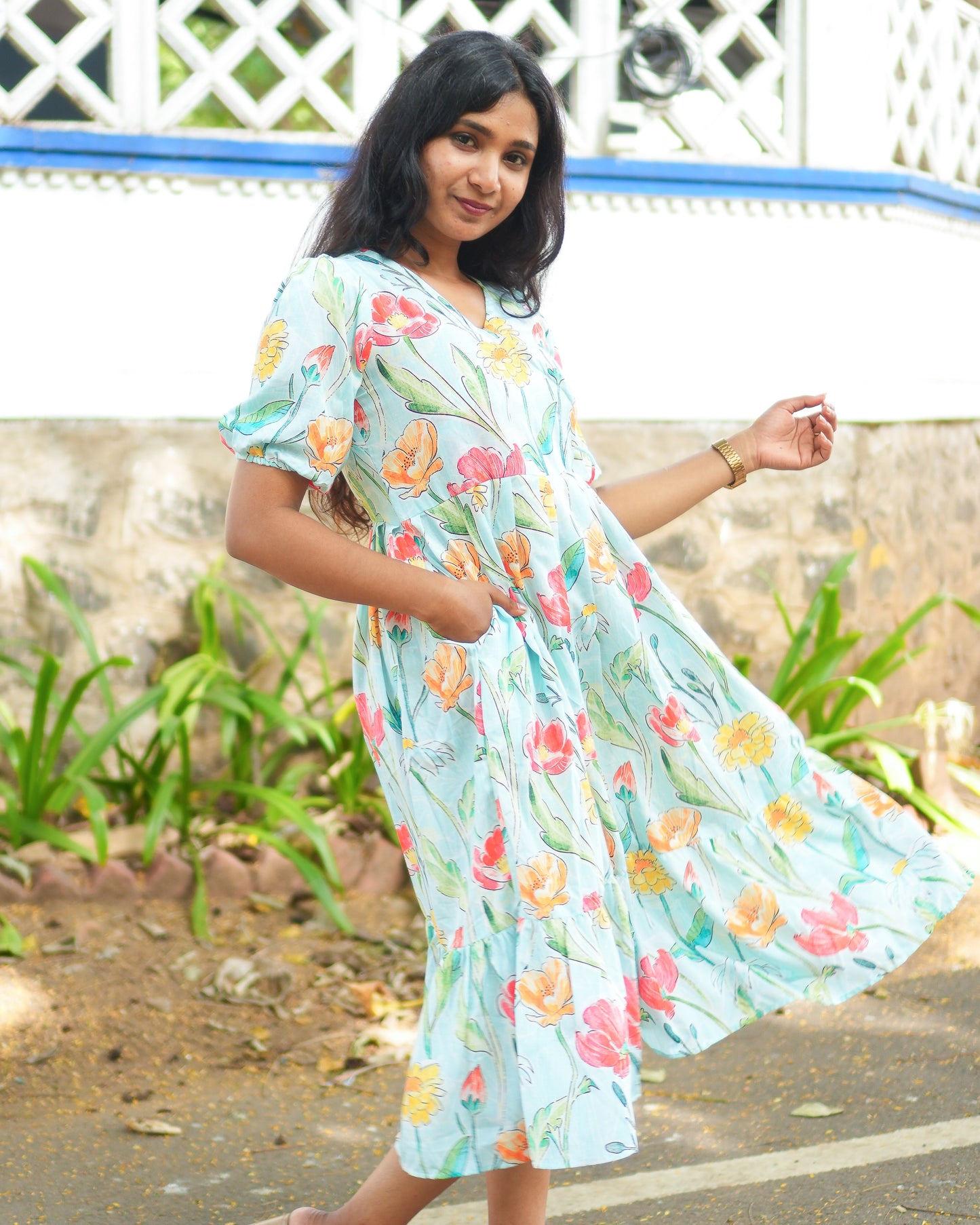cotton maxi dress india, lightweight handloom cotton dress, sustainable cotton clothing india, eco friendly cotton dress, everyday cotton kurti, office wear cotton kurti, festive floral cotton dress, floral ikat cotton dress, pastel floral dress, elegant cotton dress for festivals, Feeding friendly , Affordable clothing, Chennai brands, Chennai clothing brands