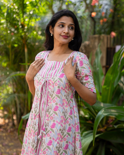 cotton maxi dress india, lightweight handloom cotton dress, sustainable cotton clothing india, eco friendly cotton dress, everyday cotton kurti, office wear cotton kurti, festive floral cotton dress, floral ikat cotton dress, pastel floral dress, elegant cotton dress for festivals, Feeding friendly , Affordable clothing, Chennai brands, Chennai clothing brands