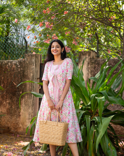 cotton maxi dress india, lightweight handloom cotton dress, sustainable cotton clothing india, eco friendly cotton dress, everyday cotton kurti, office wear cotton kurti, festive floral cotton dress, floral ikat cotton dress, pastel floral dress, elegant cotton dress for festivals, Feeding friendly , Affordable clothing, Chennai brands, Chennai clothing brands