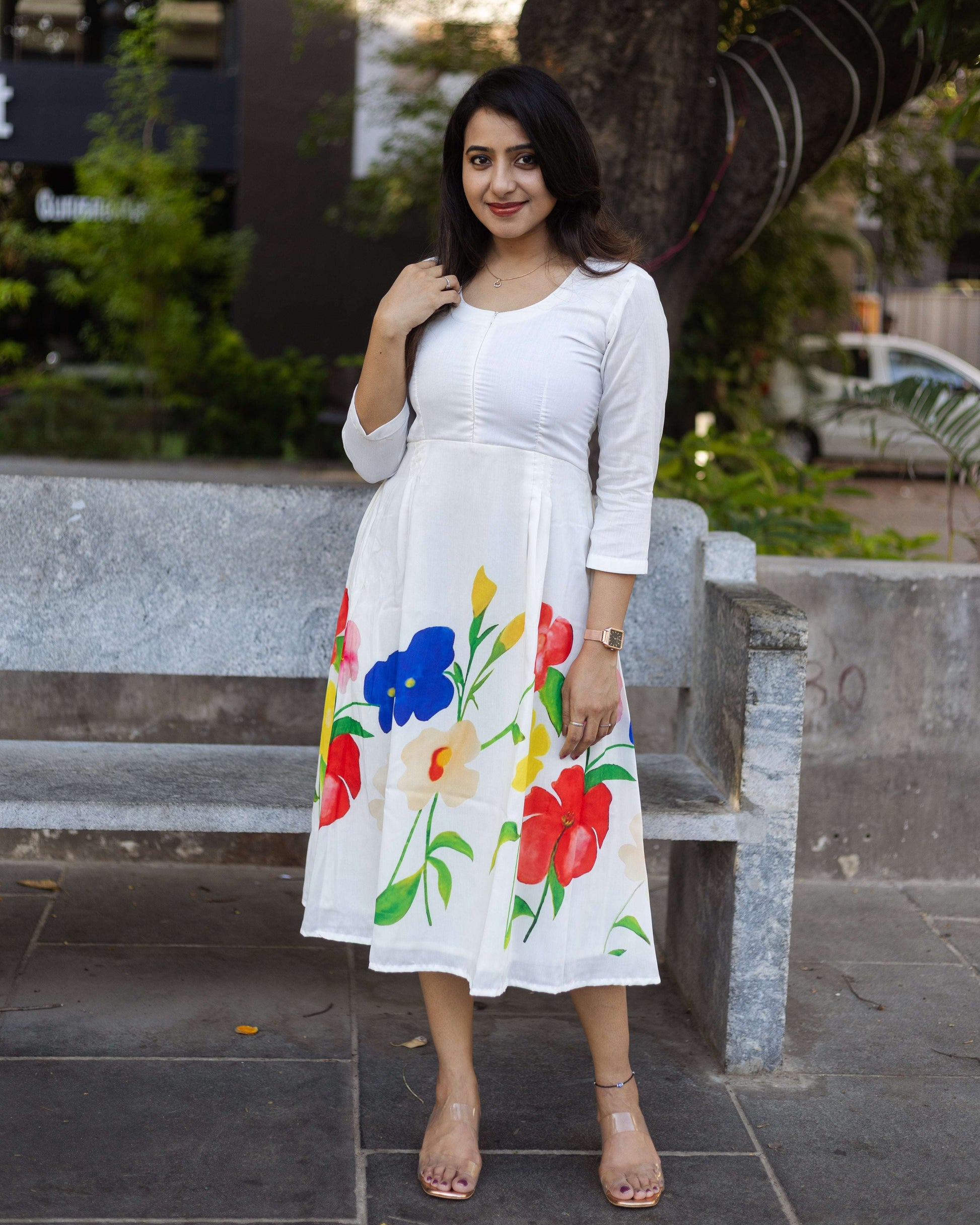 White floral muslin dress with feeding zipper