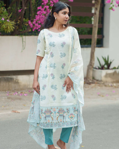 White and green cotton kurti with dupatta and feeding zippers