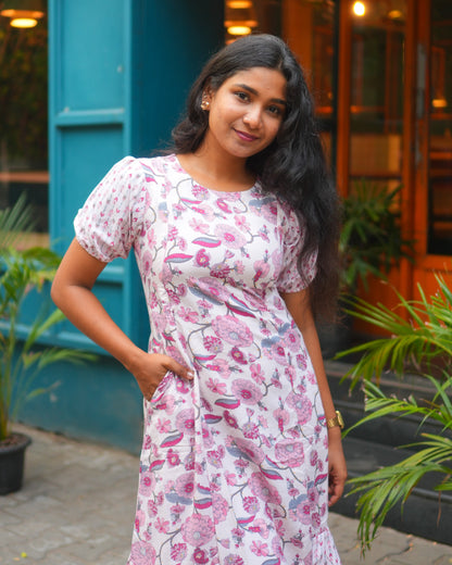 cotton maxi dress india, lightweight handloom cotton dress, sustainable cotton clothing india, eco friendly cotton dress, everyday cotton kurti, office wear cotton kurti, festive floral cotton dress, floral ikat cotton dress, pastel floral dress, elegant cotton dress for festivals, Feeding friendly , Affordable clothing, Chennai brands, Chennai clothing brands