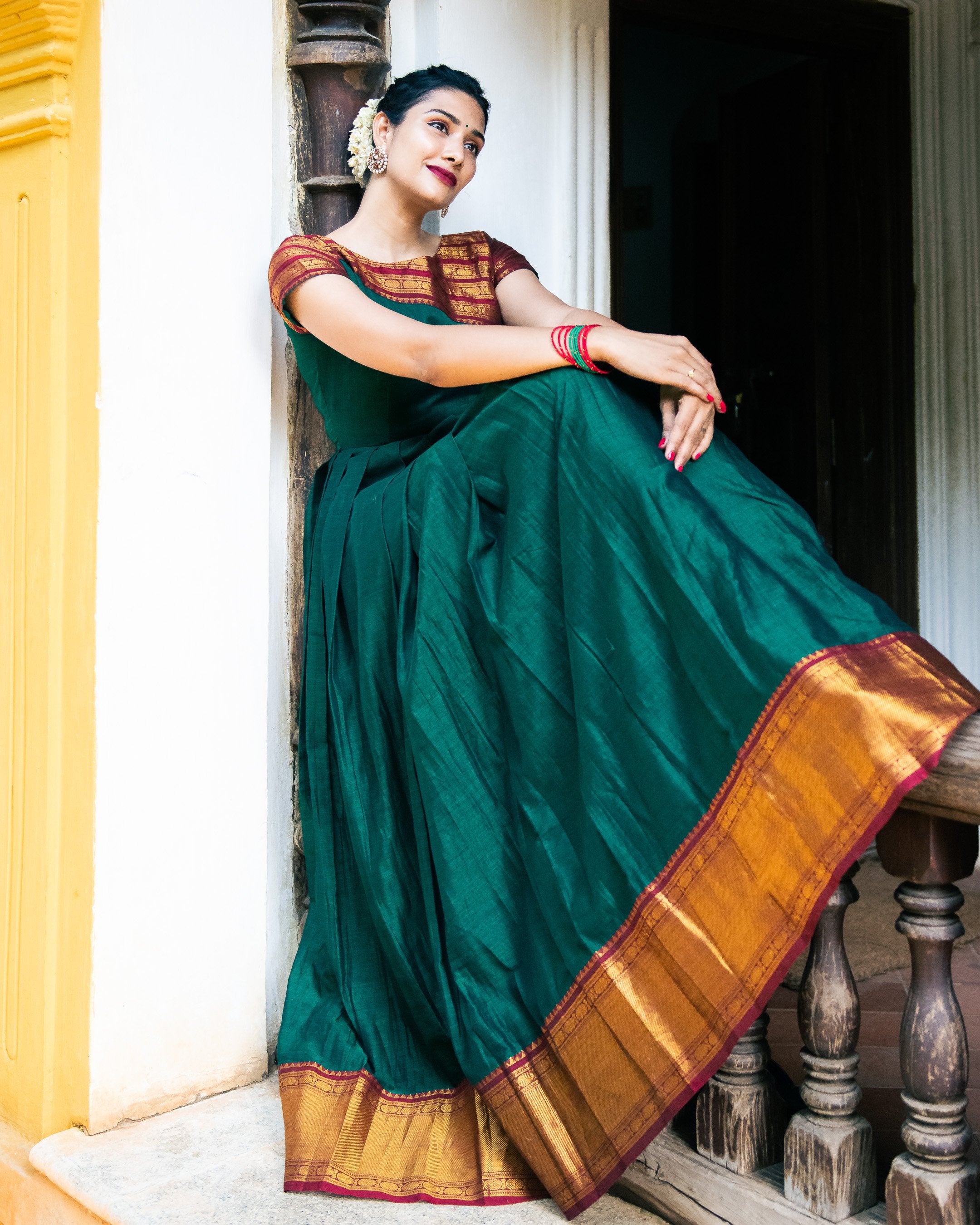 Indo Western Yellowish Green Silk Saree Converted Into Anarkali Gown at  best price in Chennai
